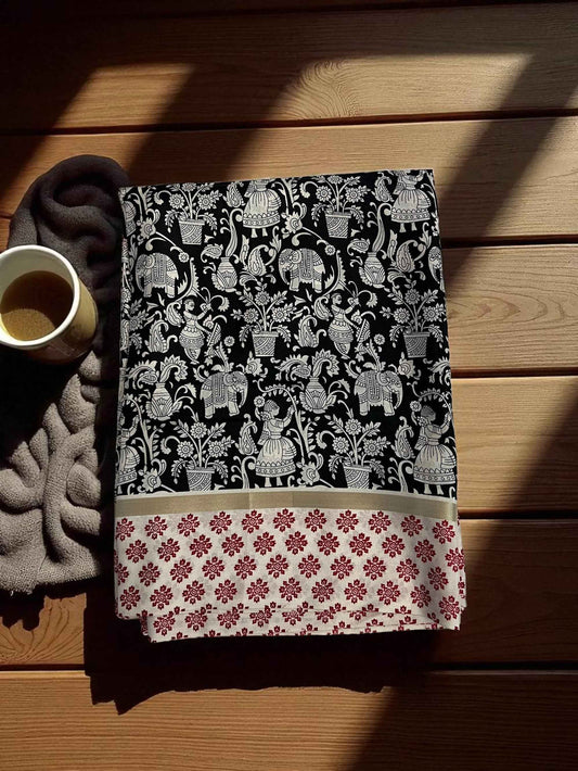 Printed Mul Cotton Black and Red for Elegant Occasions