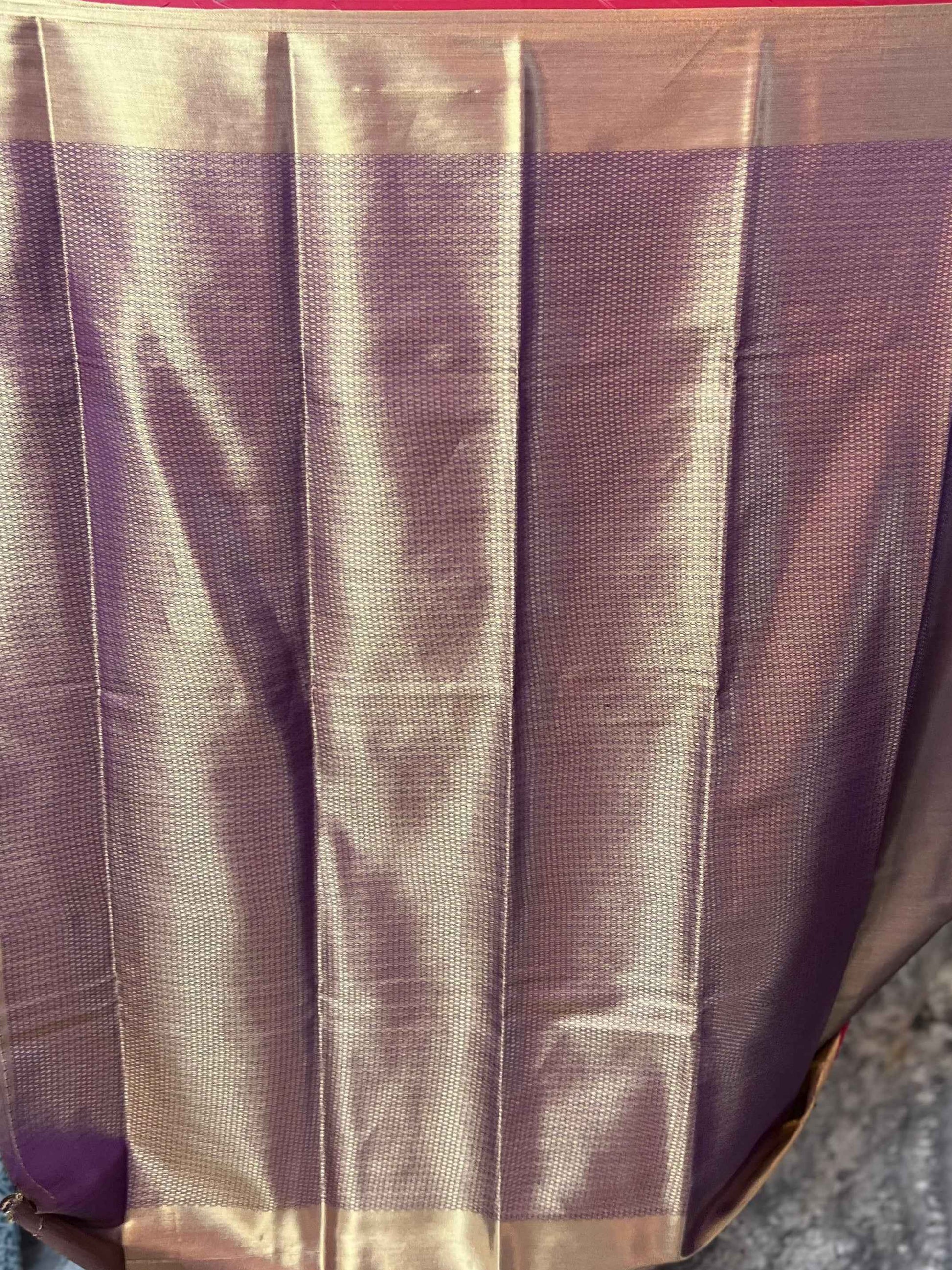 Handloom Semi Kanchi Tissue - Purplish Gold with Red Piping
