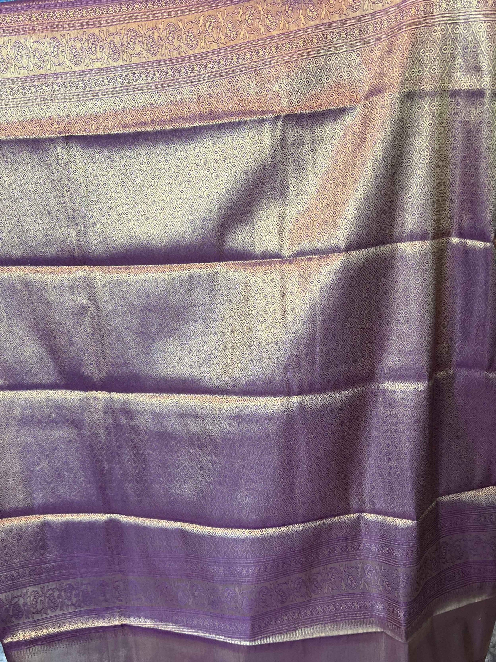 Handloom Semi Kanchi Tissue - Purplish Gold with Red Piping