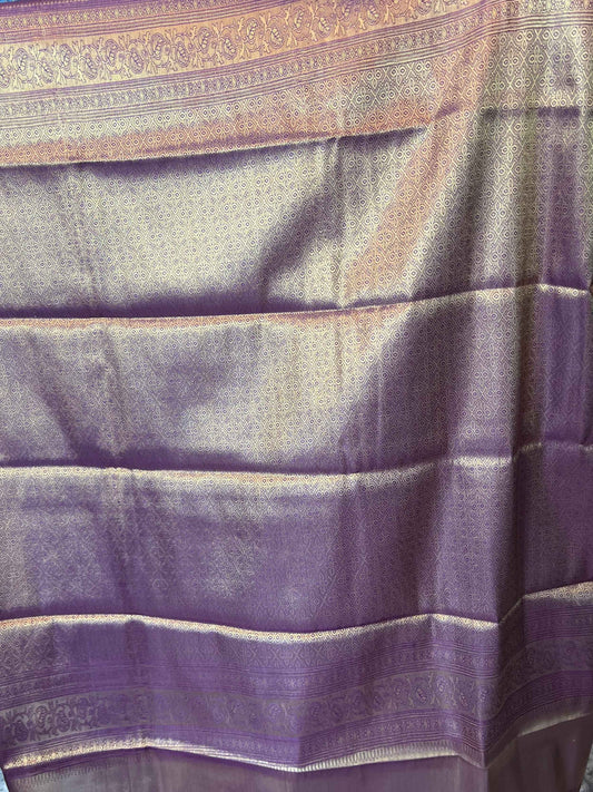 Handloom Semi Kanchi Tissue - Purplish Gold with Red Piping