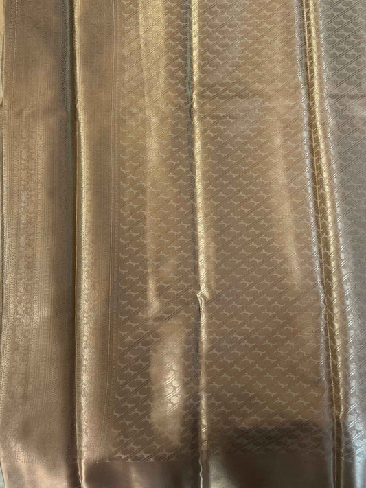 Handloom Semi Kanchi Tissue - Gold with Green Piping