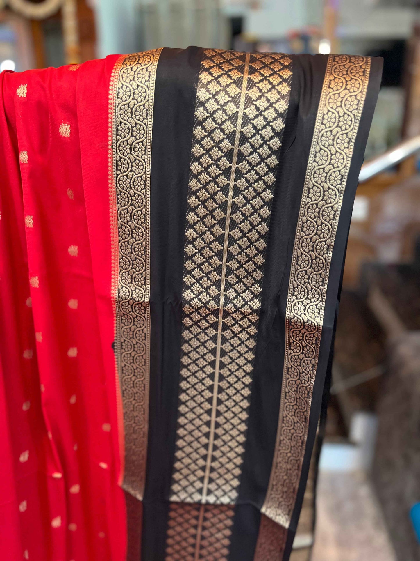 Premium Mysore Semi Crepe 2D Unique Border - Red with Black (Copy)