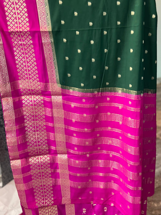 Premium Mysore Semi Crepe 2D Unique Border - Bottle Green with Pink
