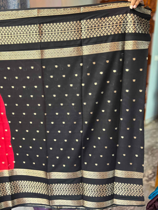 Premium Mysore Semi Crepe 2D Unique Border - Red with Black (Copy)