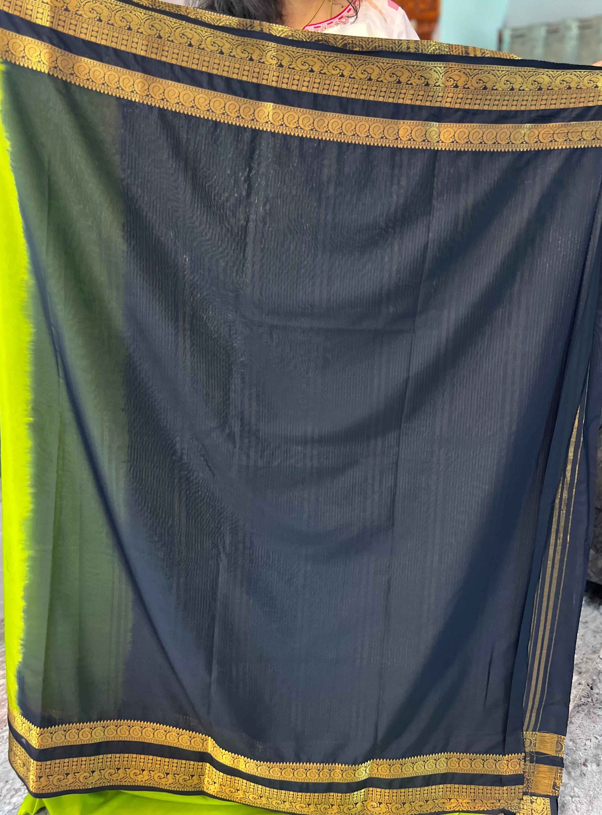Semi Mysore Crepe Fabric in Neon Green with Black Contrast and Bentex Mango Border - Stylish and Elegant - Craft Of Aele