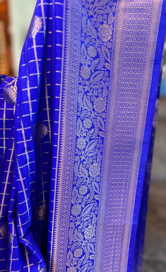 Premium Banarasi Crepe Royal Blue Fabric with Checks and Butta Design - Craft Of Aele
