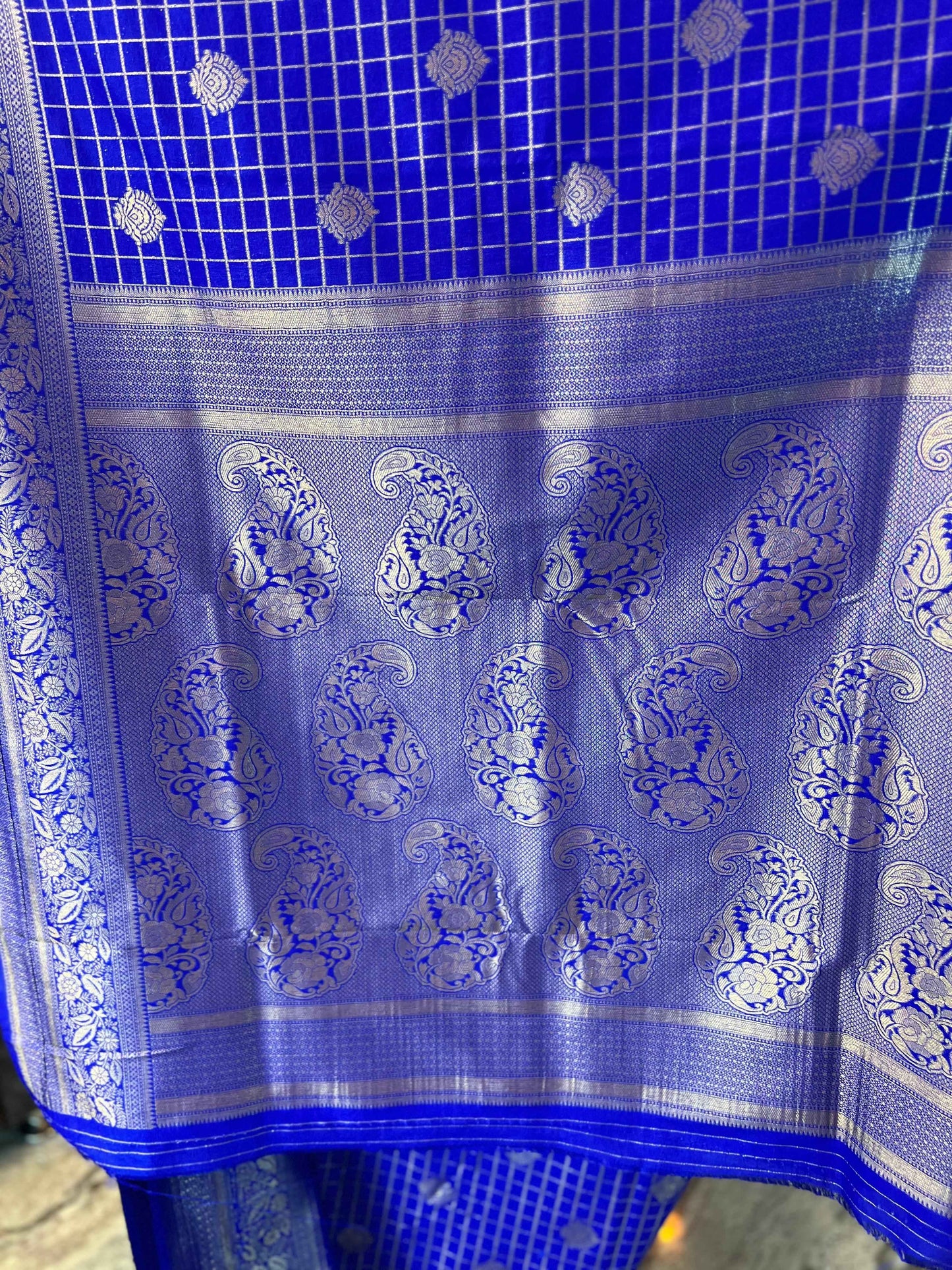 Premium Banarasi Crepe Royal Blue Fabric with Checks and Butta Design - Craft Of Aele