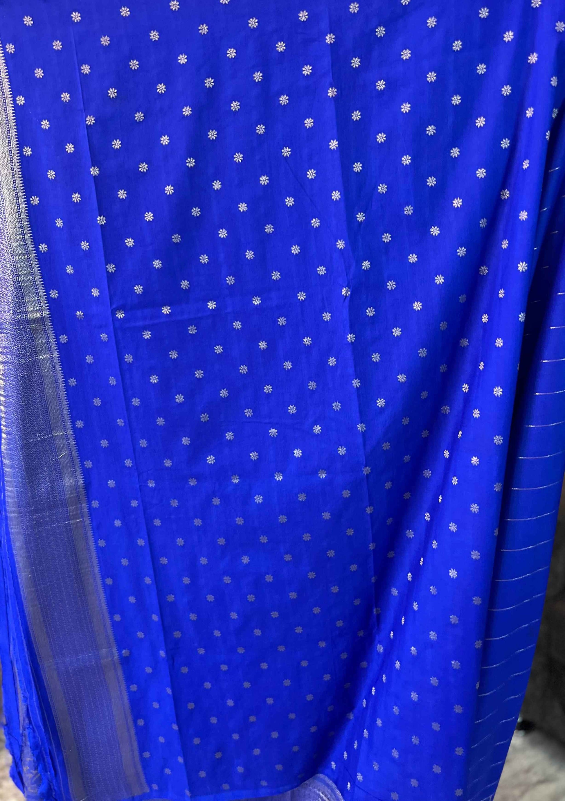 Premium Banarasi Crepe Royal Blue Fabric with Checks and Butta Design - Craft Of Aele