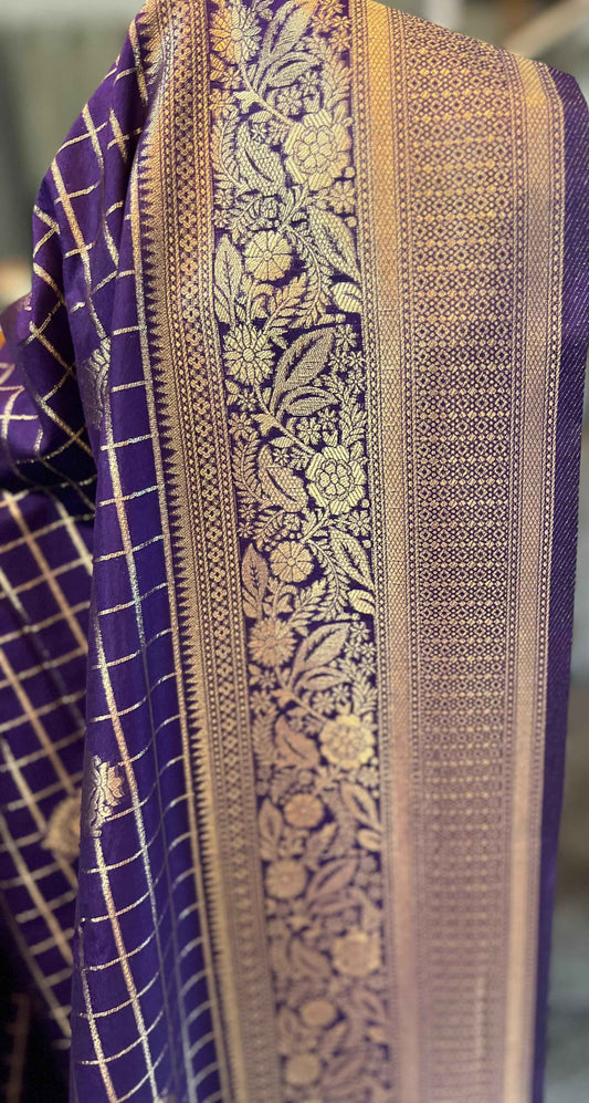 Premium Banarasi Crepe Dark Purple Checks with Butta - Elegant Indian Fabric - Craft Of Aele