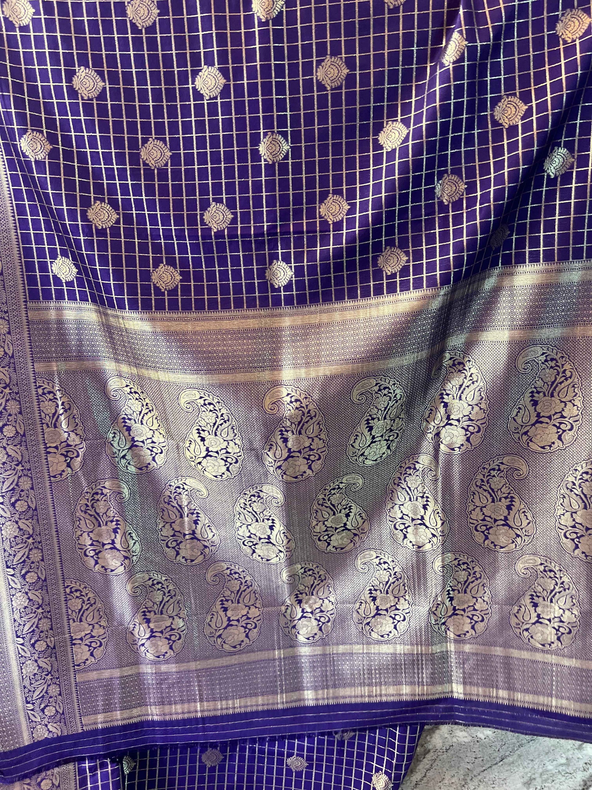 Premium Banarasi Crepe Dark Purple Checks with Butta - Elegant Indian Fabric - Craft Of Aele