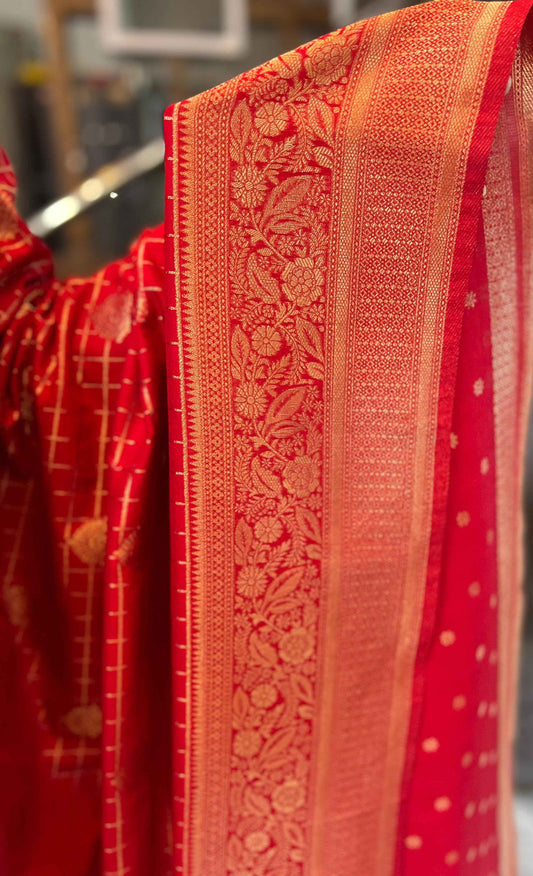 Premium Banarasi Crepe Red Fabric with Checks and Butta Design - Craft Of Aele