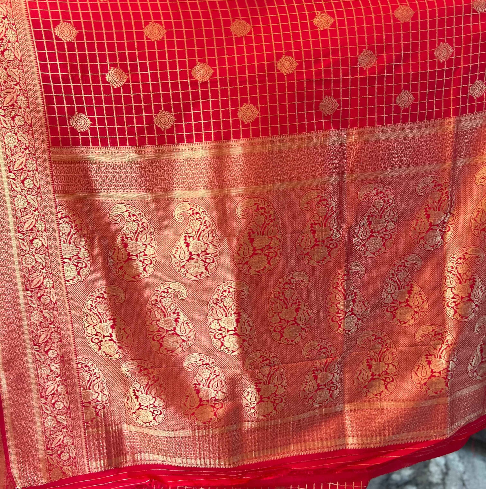 Premium Banarasi Crepe Red Fabric with Checks and Butta Design - Craft Of Aele