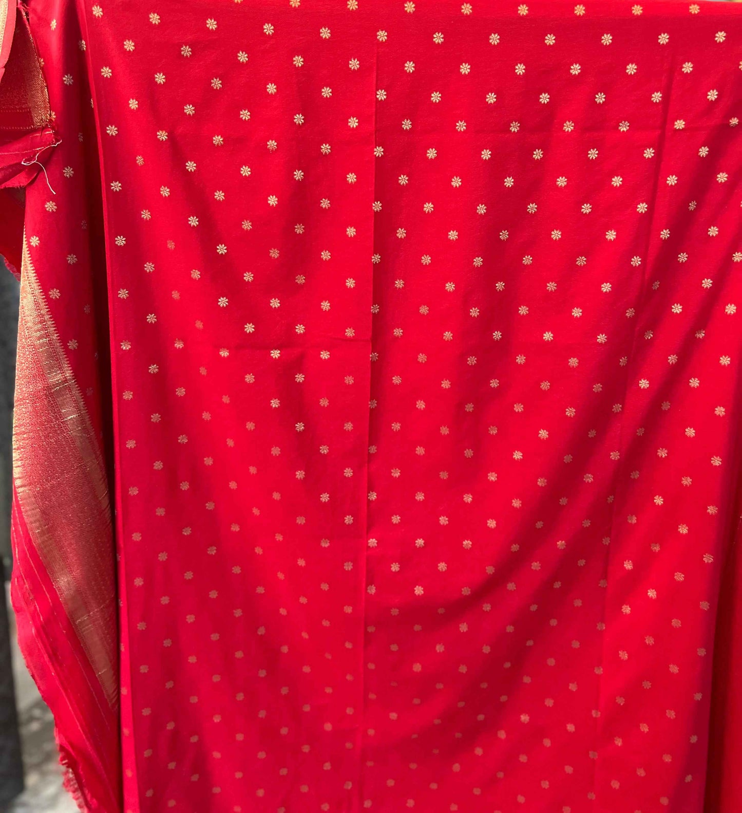 Premium Banarasi Crepe Red Fabric with Checks and Butta Design - Craft Of Aele
