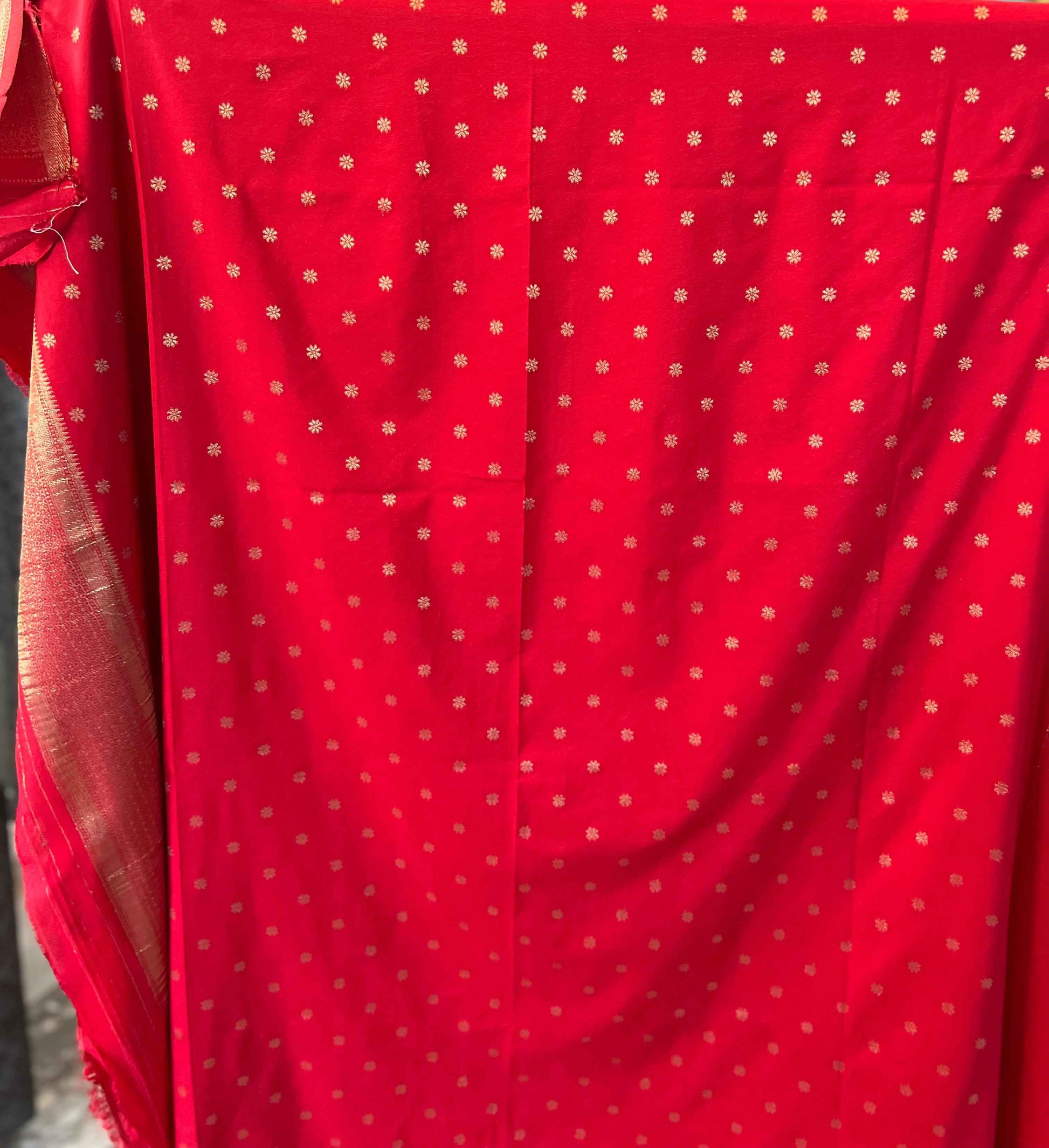 Premium Banarasi Crepe Red Fabric with Checks and Butta Design - Craft Of Aele