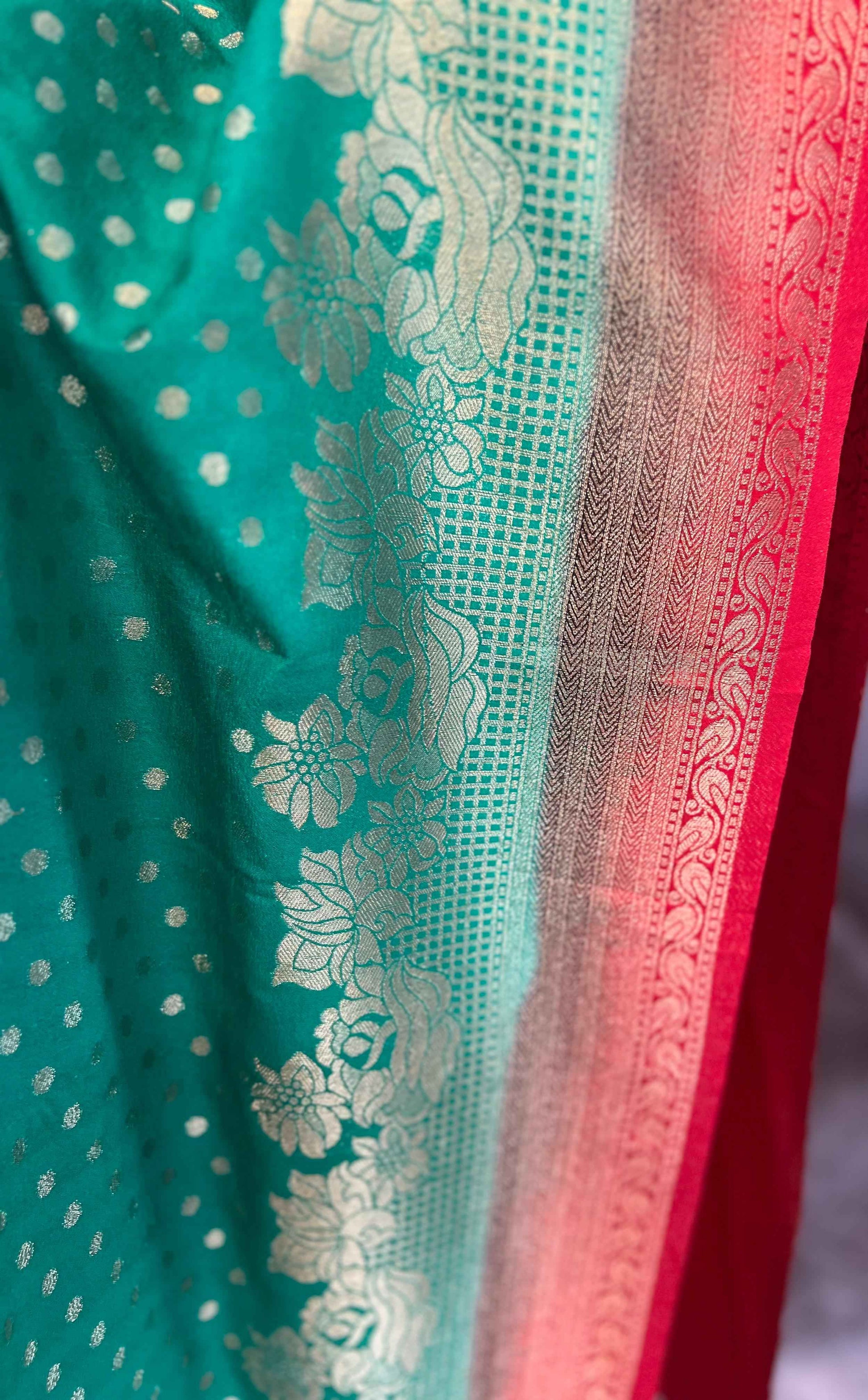 Premium Georgette Green Red Butta Fabric - Craft Of Aele