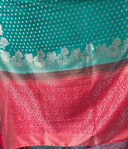 Premium Georgette Green Red Butta Fabric - Craft Of Aele