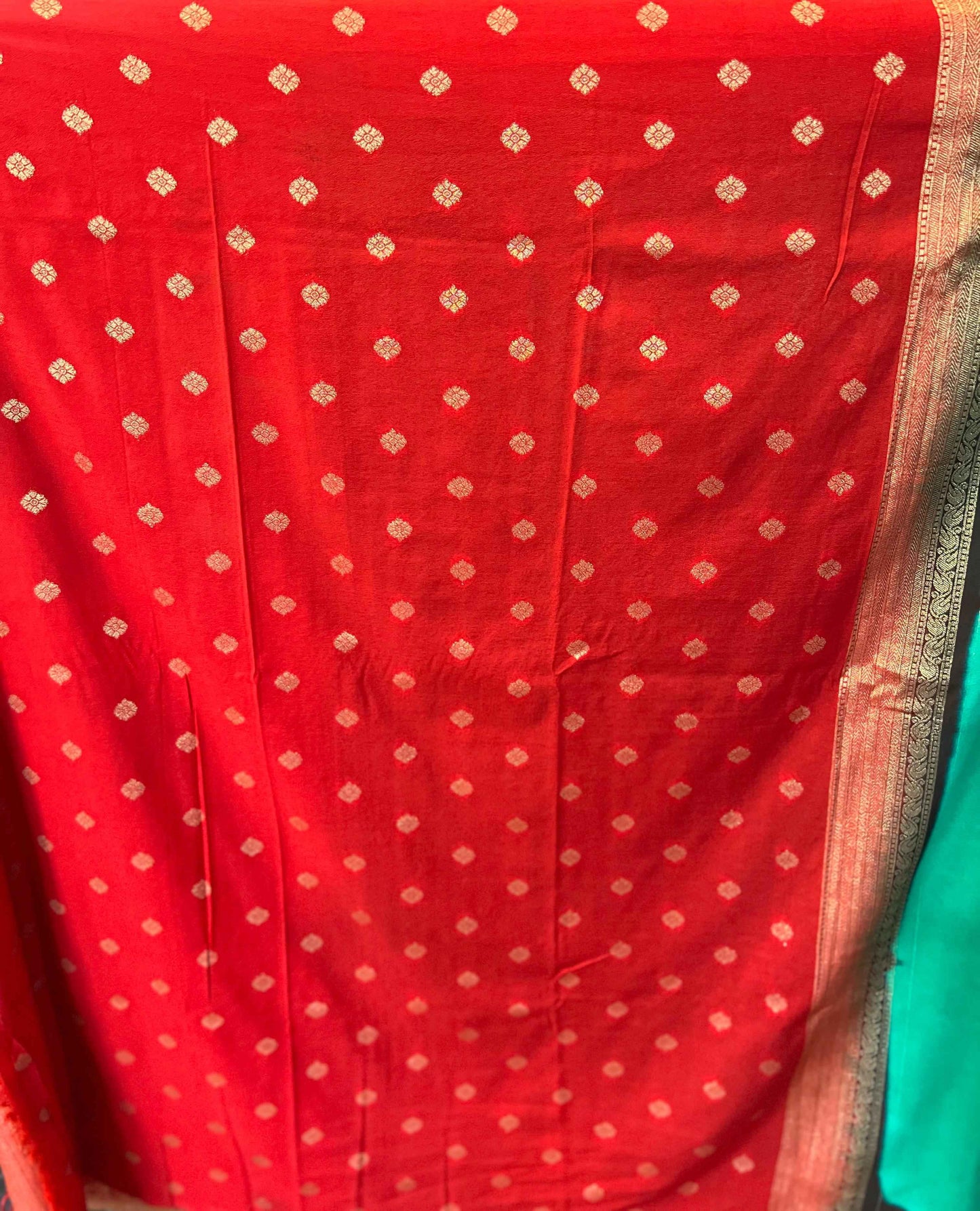 Premium Georgette Green Red Butta Fabric - Craft Of Aele