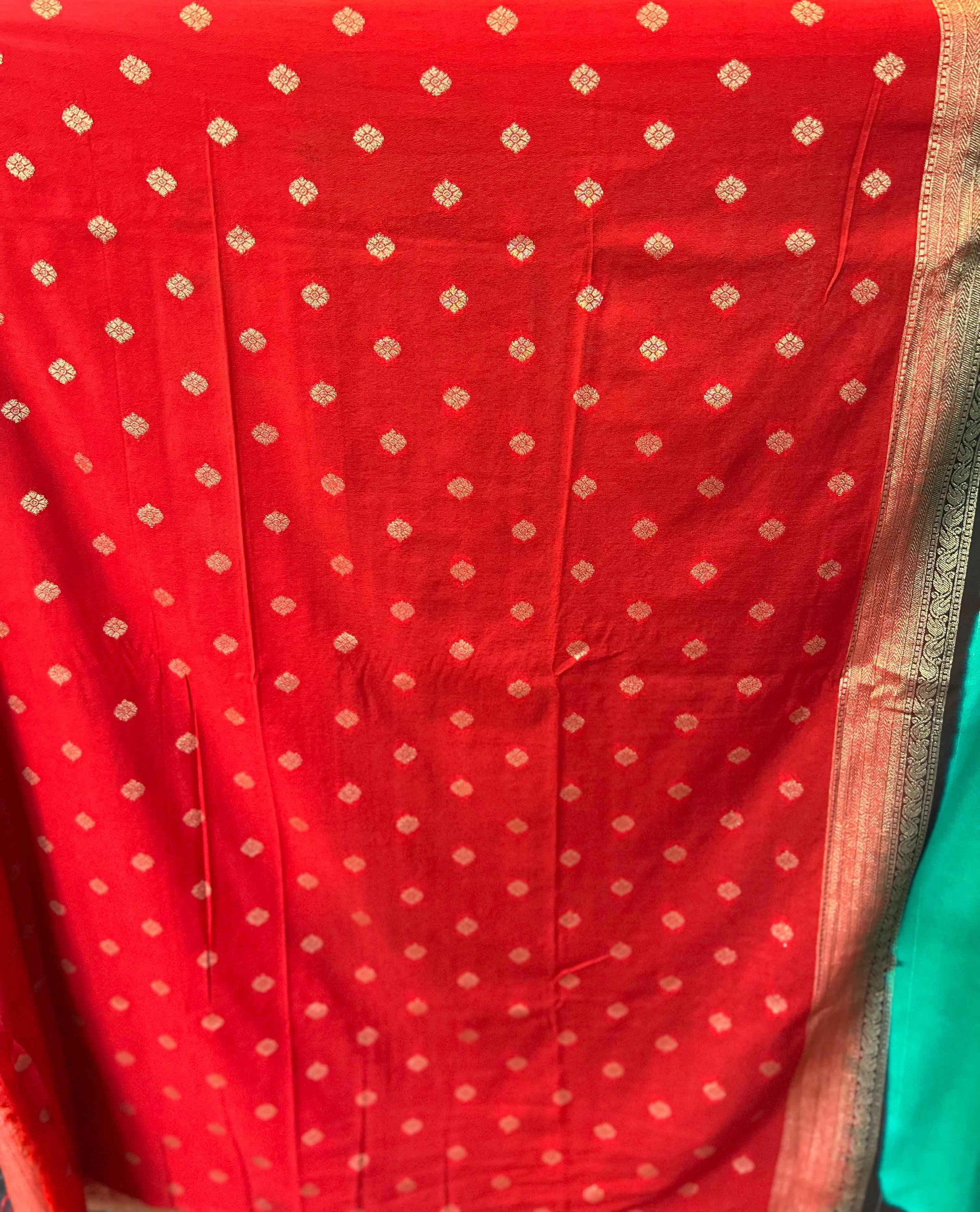 Premium Georgette Green Red Butta Fabric - Craft Of Aele