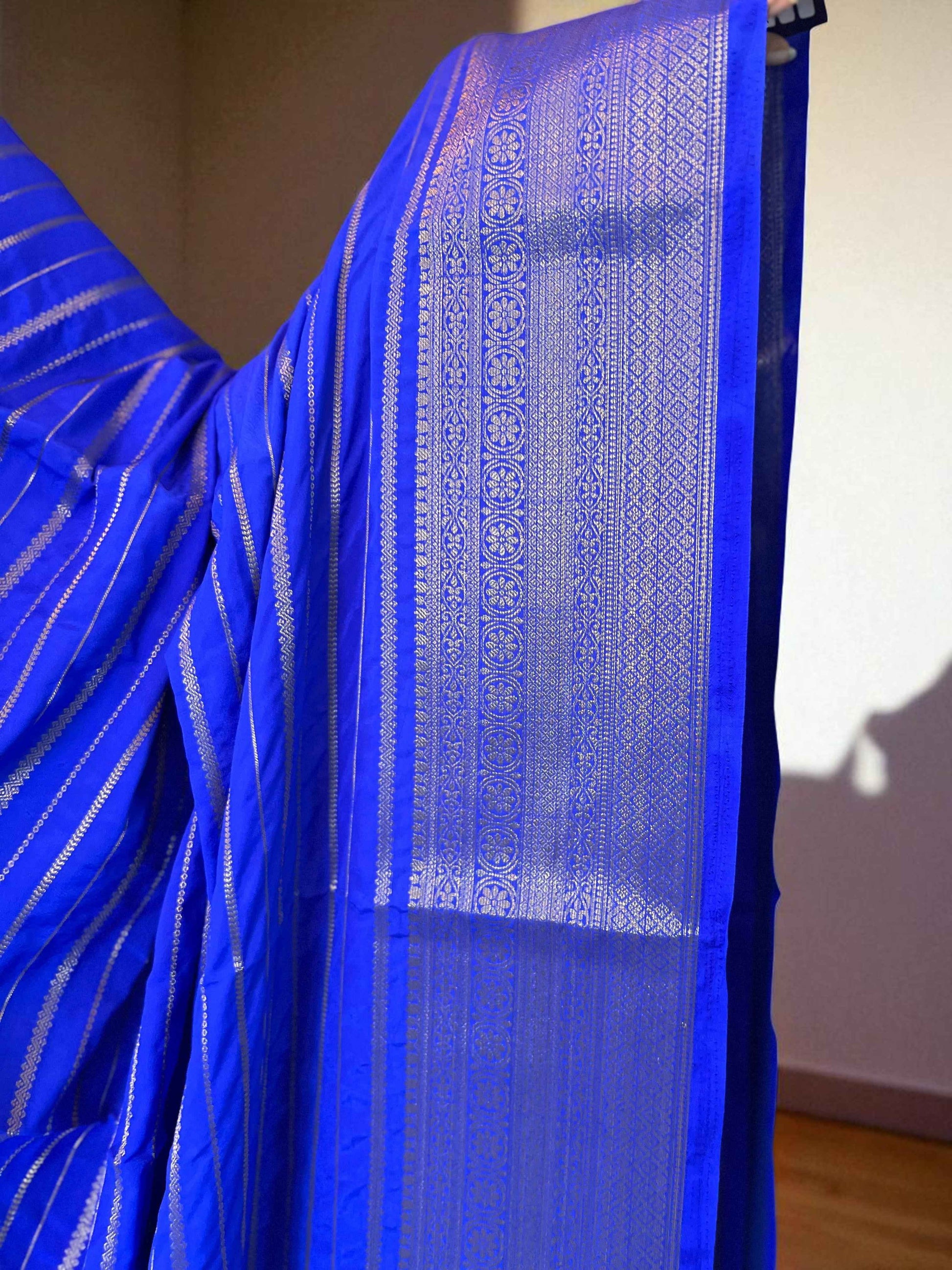 Semi Crepe Royal Blue Lines Design Dress for Elegant Occasions - Perfect for Special Events - Craft Of Aele