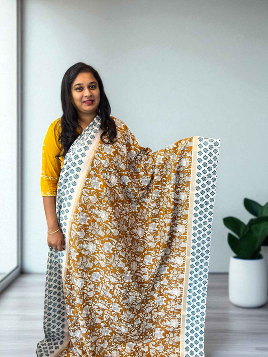 Printed Mul Cotton Saree in Mustard and Lightish Dark Blue - Elegant Ethnic Wear - Craft Of Aele