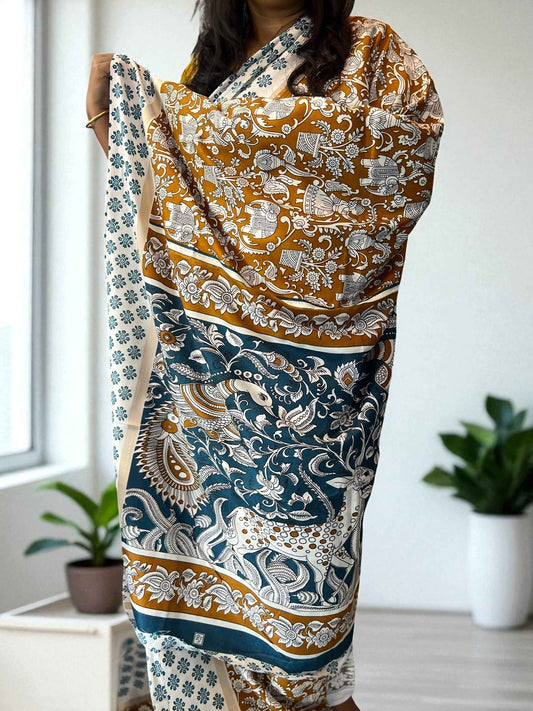 Printed Mul Cotton Saree in Mustard and Lightish Dark Blue - Elegant Ethnic Wear - Craft Of Aele
