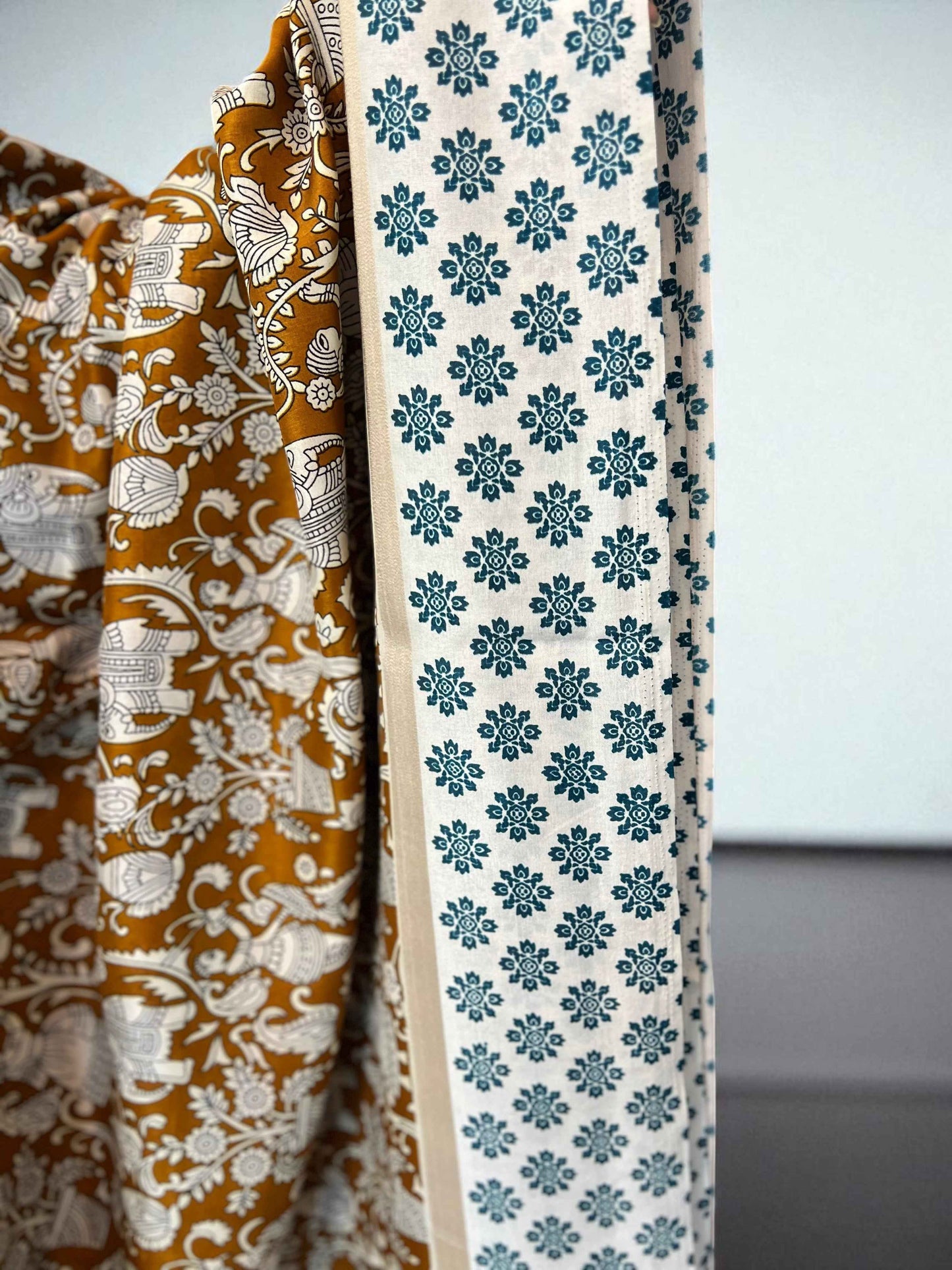Printed Mul Cotton Saree in Mustard and Lightish Dark Blue - Elegant Ethnic Wear - Craft Of Aele