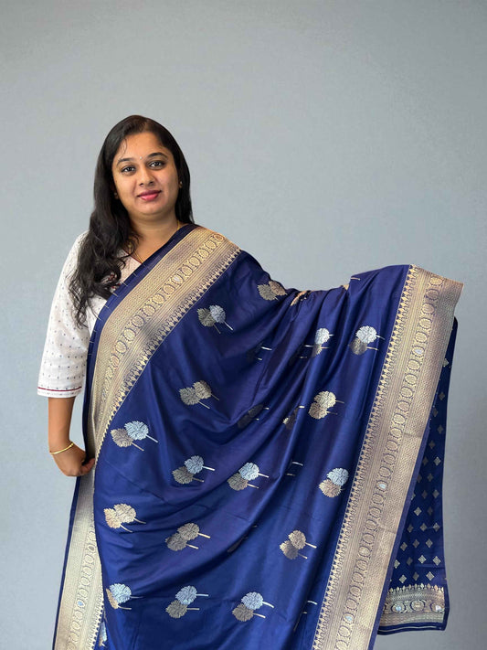 Banarasi Crepe Fabric with Golden and Silver Leaf Butta in Navy Blue Shade - Craft Of Aele