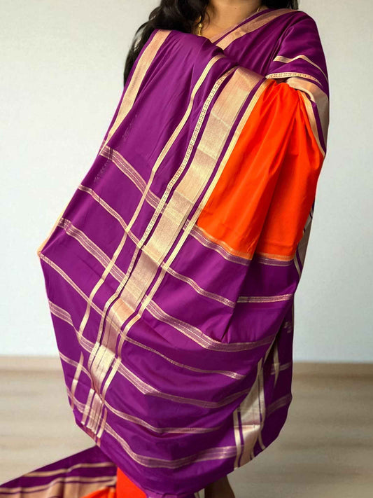 Mysore Semi Crepe Border Saree in Orange with Purple Bentex Border - Craft Of Aele