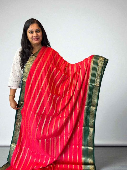Premium Georgette Saree in Tomato Red with Bottle Green Accents - Craft Of Aele