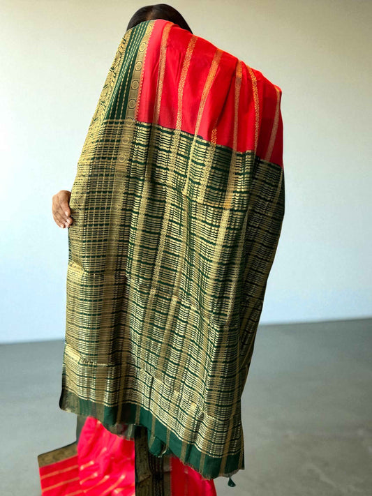 Premium Georgette Saree in Tomato Red with Bottle Green Accents - Craft Of Aele
