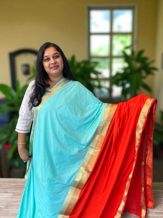 Mysore Half and Half Saree in Sea Blue and Red Semi Crepe - Craft Of Aele