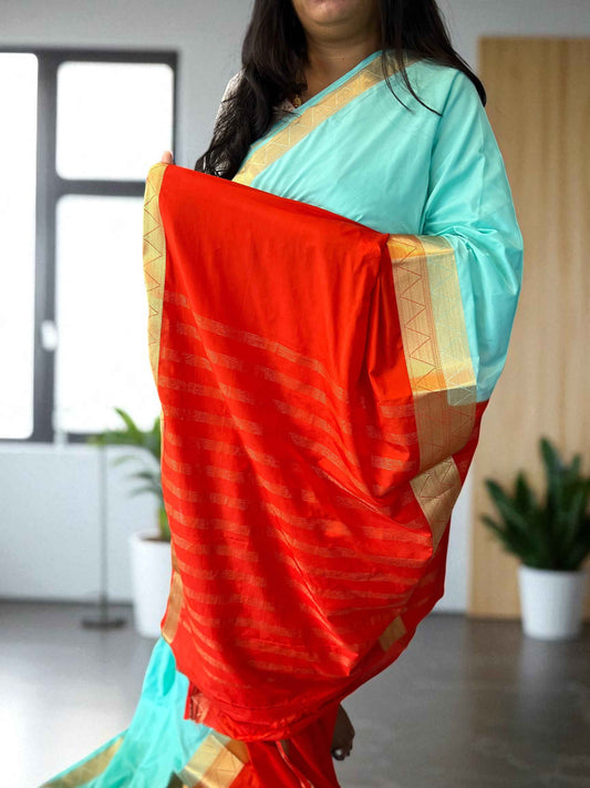 Mysore Half and Half Saree in Sea Blue and Red Semi Crepe - Craft Of Aele
