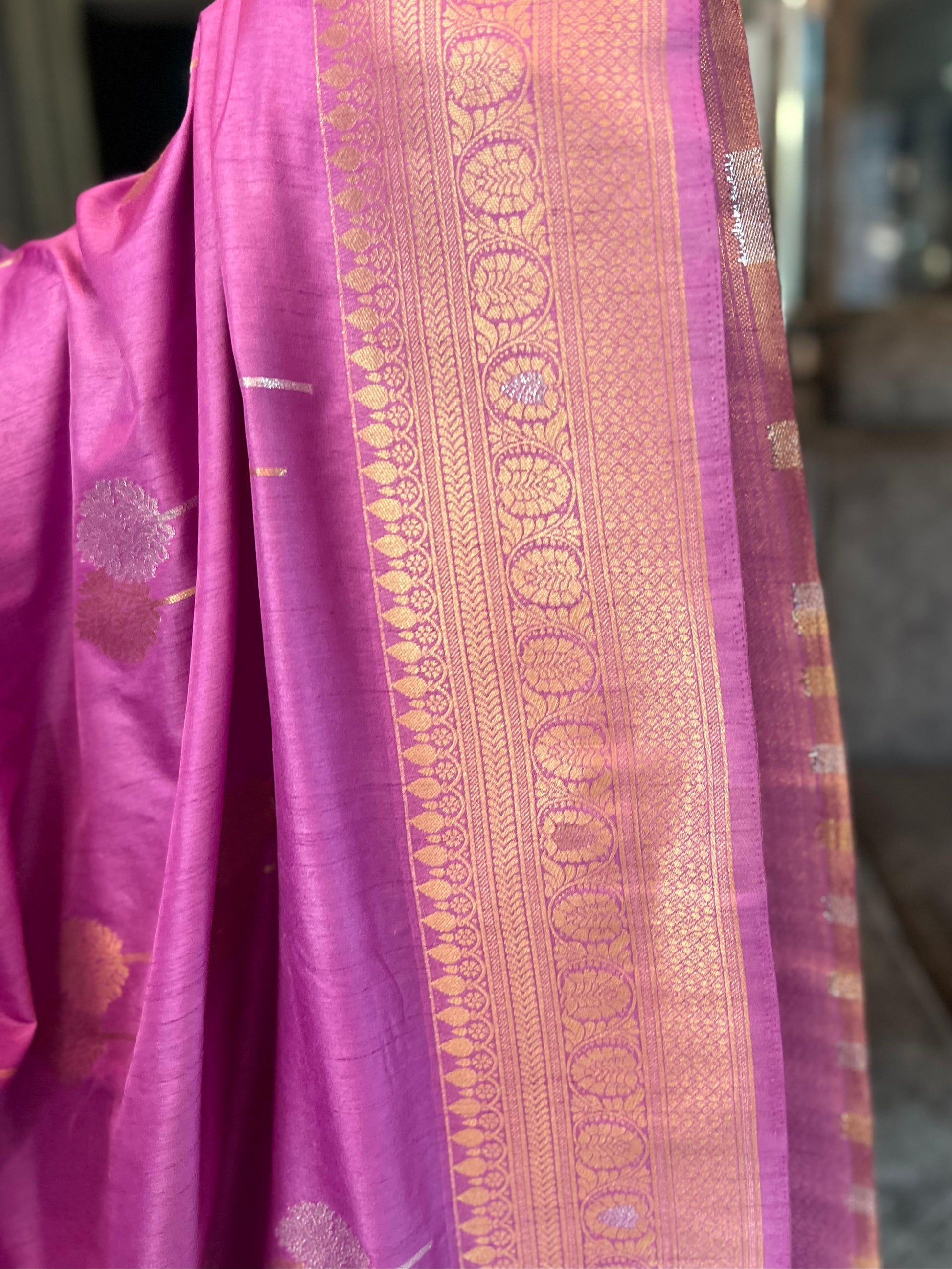 Banarasi Crepe Pink Shade with Golden and Silver Leaf Butta - Craft Of Aele