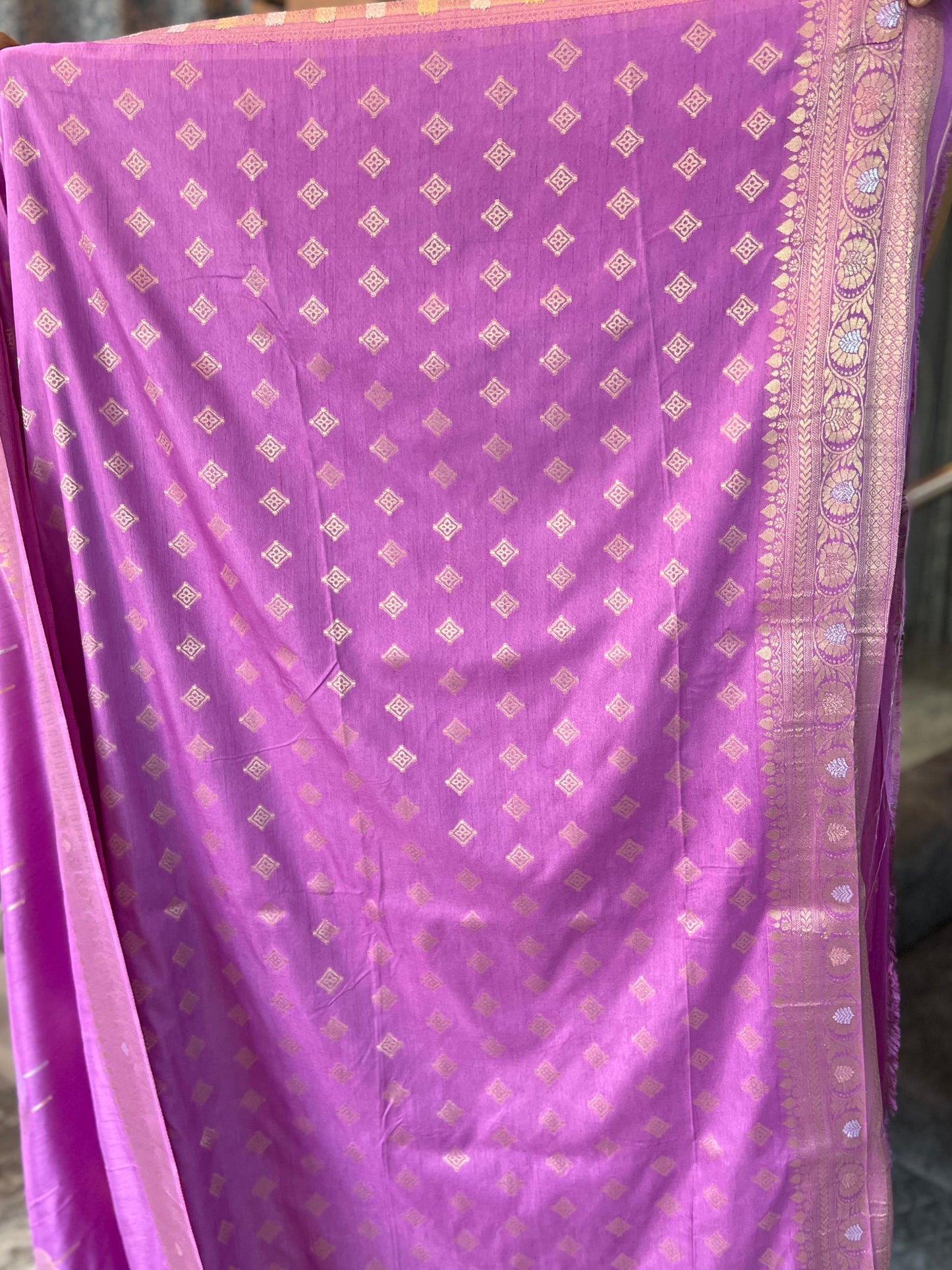 Banarasi Crepe Pink Shade with Golden and Silver Leaf Butta - Craft Of Aele