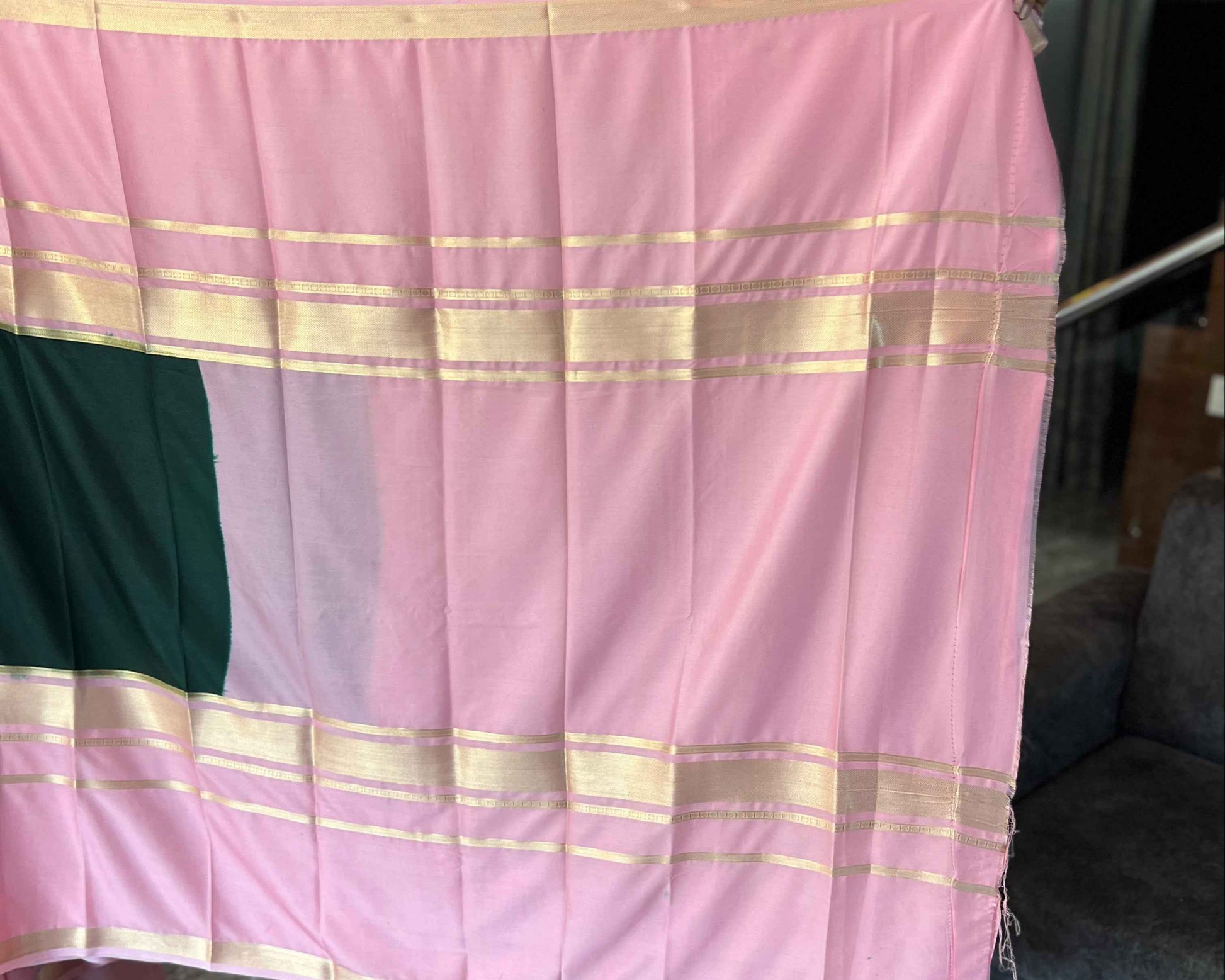 Mysore Semi Crepe Saree Bottle Green with Pink Big Bentex Border - Craft Of Aele