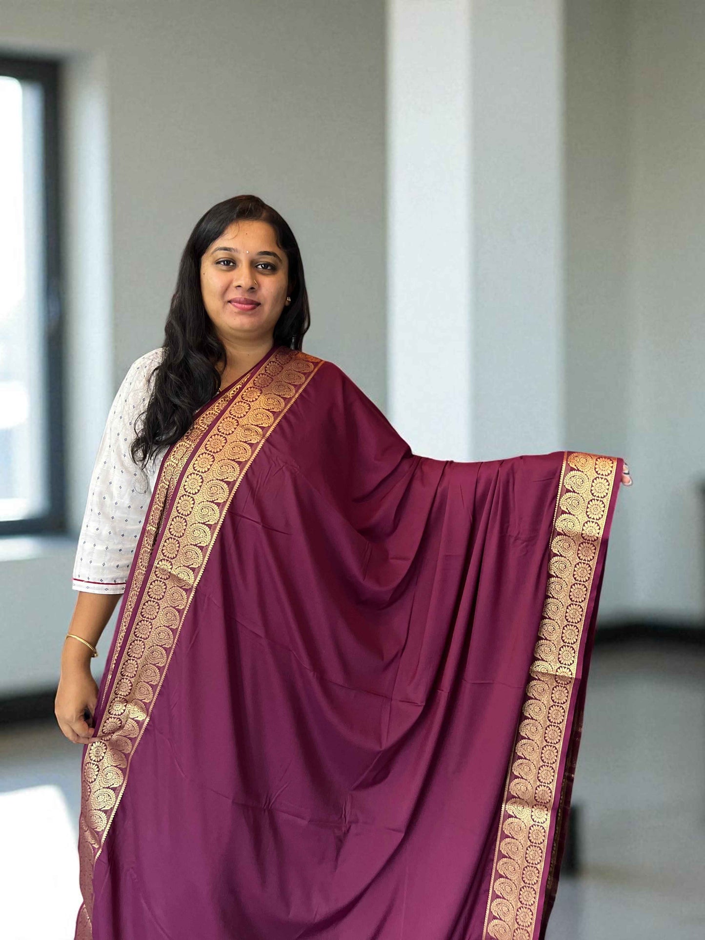 Mysore Semi Crepe Saree Wine Color with Mango Border - Craft Of Aele