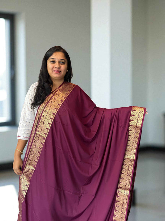 Mysore Semi Crepe Saree Wine Color with Mango Border - Craft Of Aele