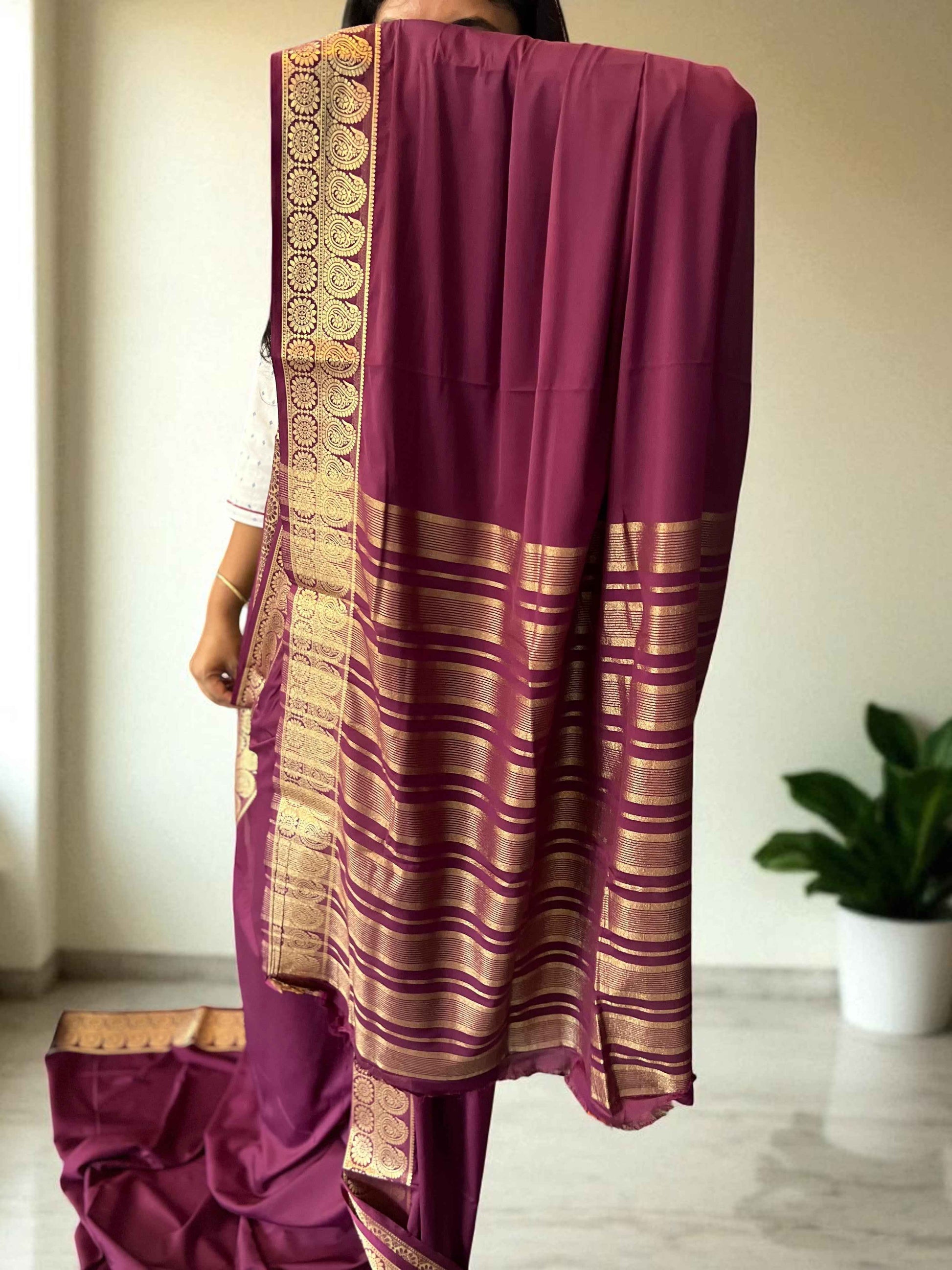 Mysore Semi Crepe Saree Wine Color with Mango Border - Craft Of Aele