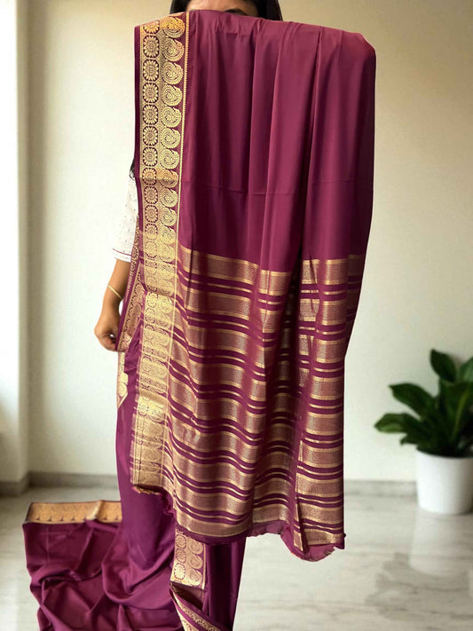 Mysore Semi Crepe Saree Wine Color with Mango Border - Craft Of Aele