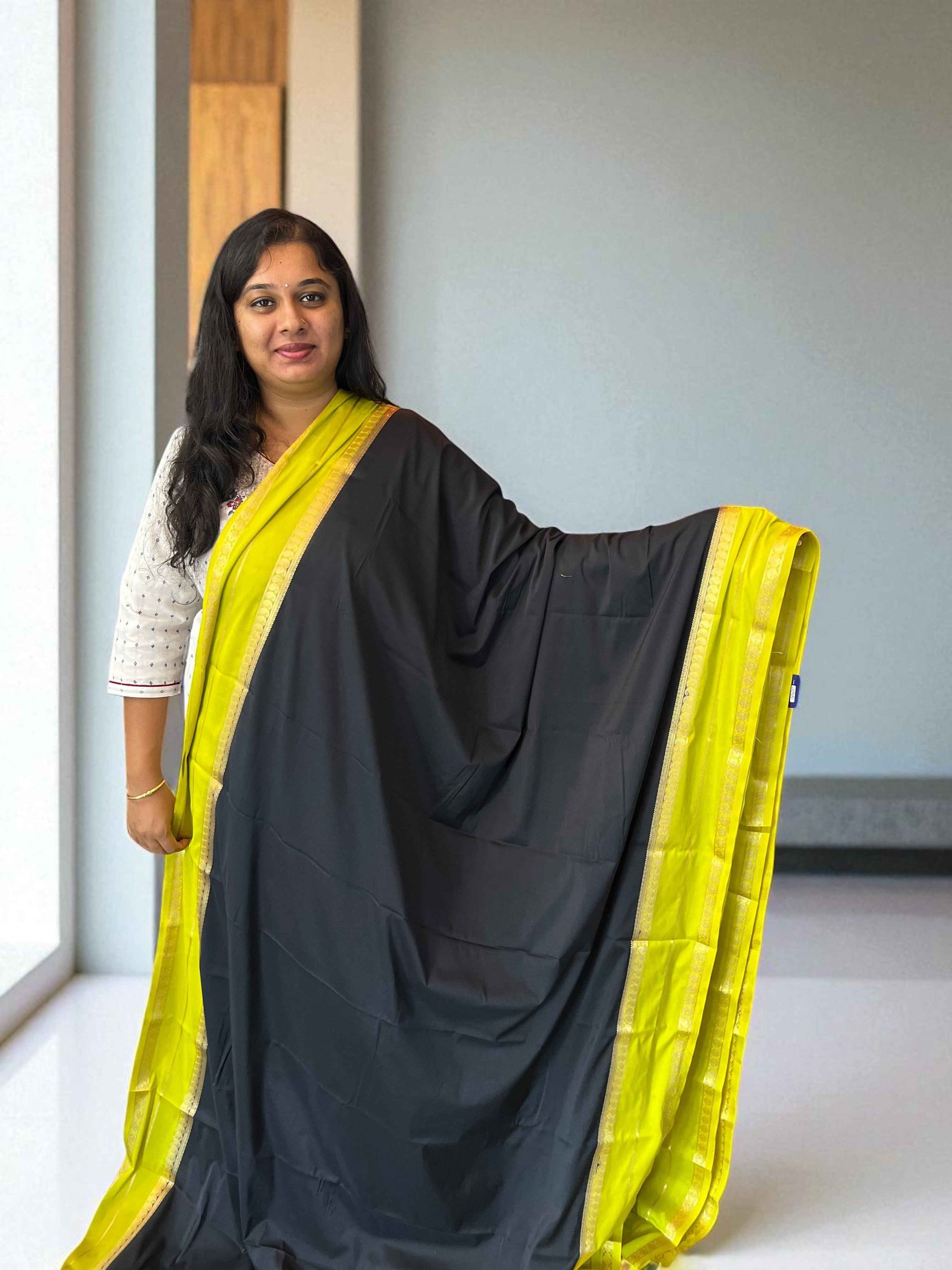 Mysore Semi Crepe Black Mango Bentex - Small Mango Design with Neon Green Accents - Craft Of Aele