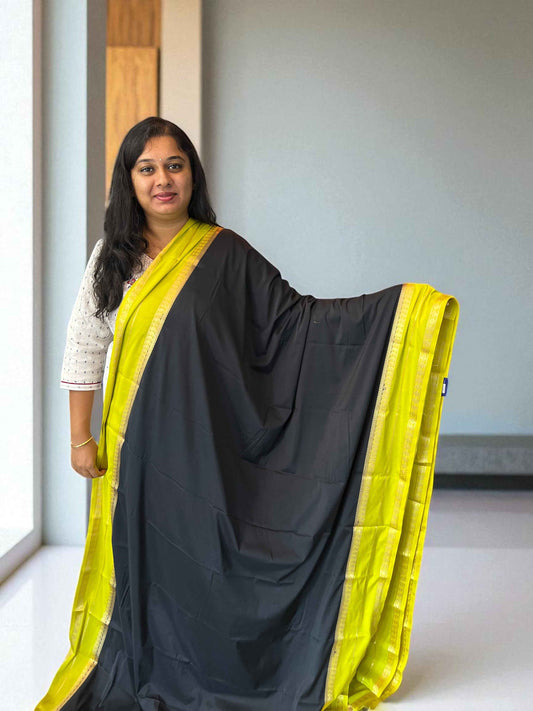 Mysore Semi Crepe Black Mango Bentex - Small Mango Design with Neon Green Accents - Craft Of Aele