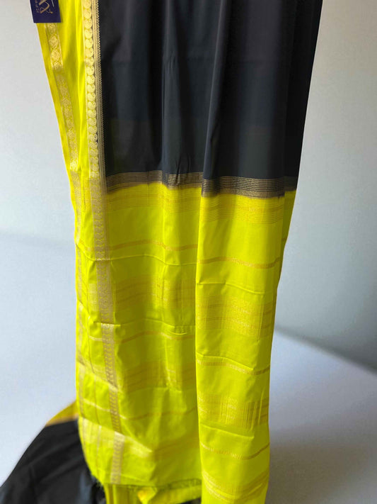 Mysore Semi Crepe Black Mango Bentex - Small Mango Design with Neon Green Accents - Craft Of Aele
