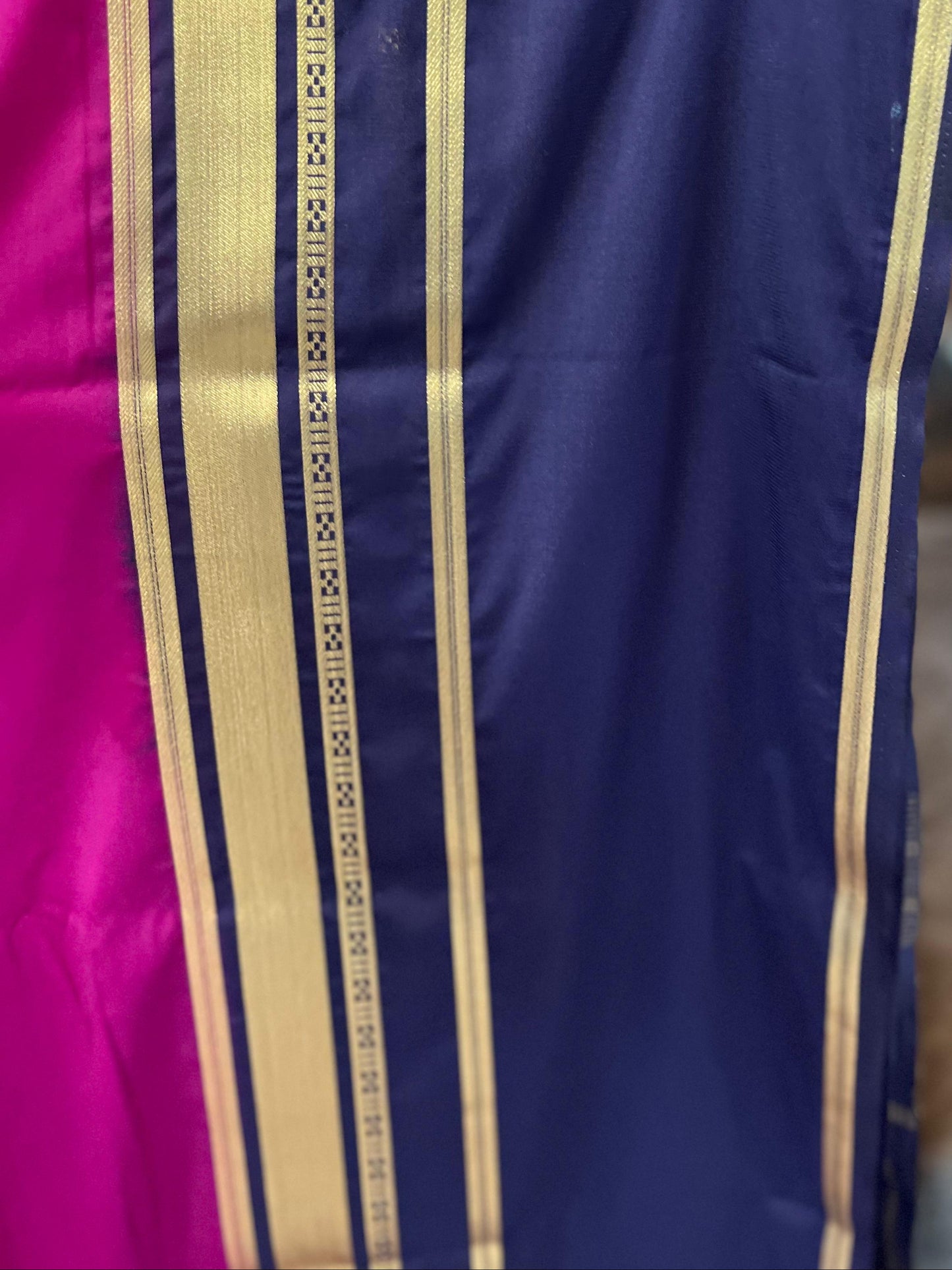 Mysore Semi Crepe Saree with Big Bentex Border in Pink and Navy Blue - Craft Of Aele