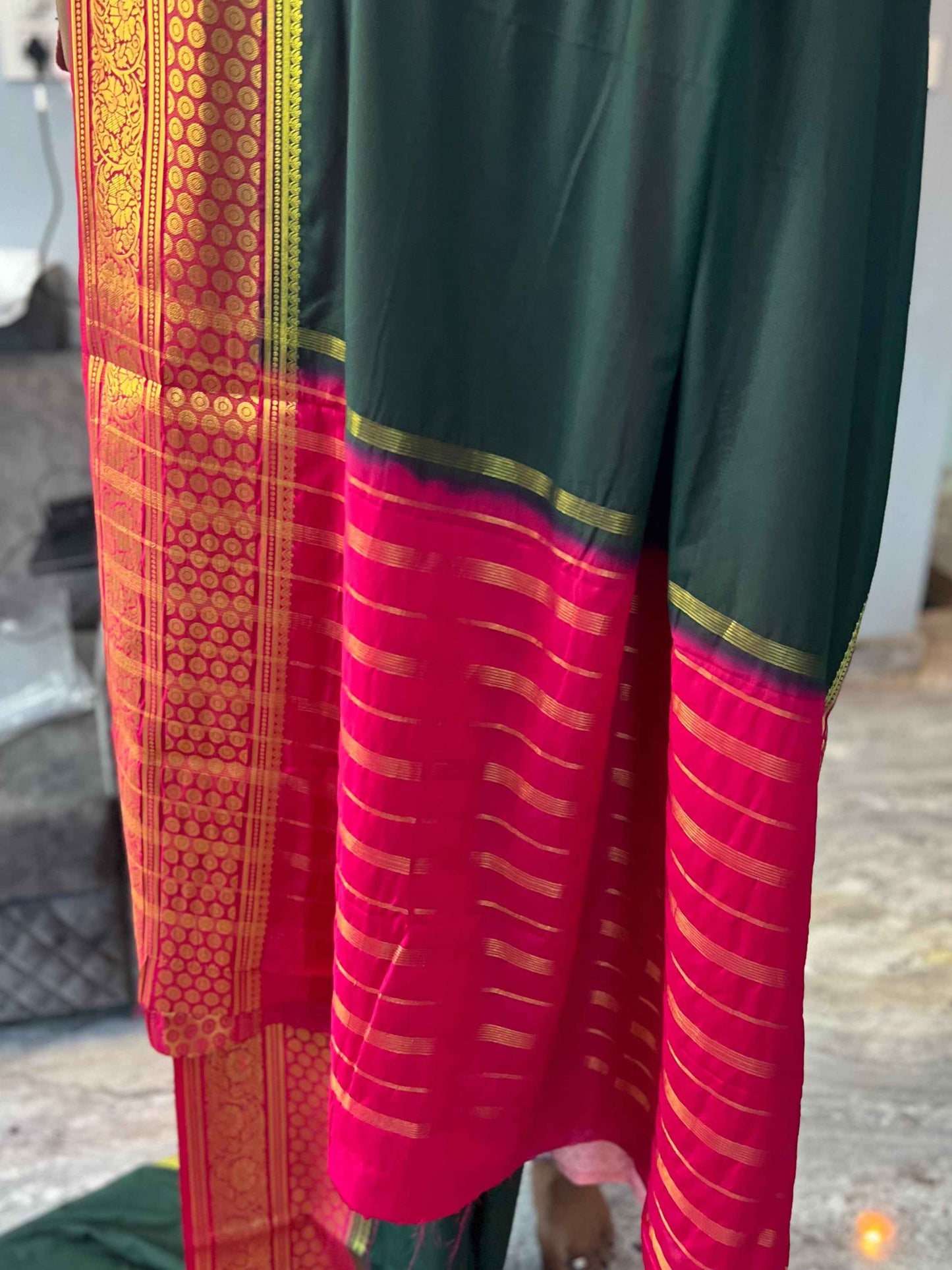Mysore Semi Crepe Elegant border design - Bottle Green with Red (Copy)