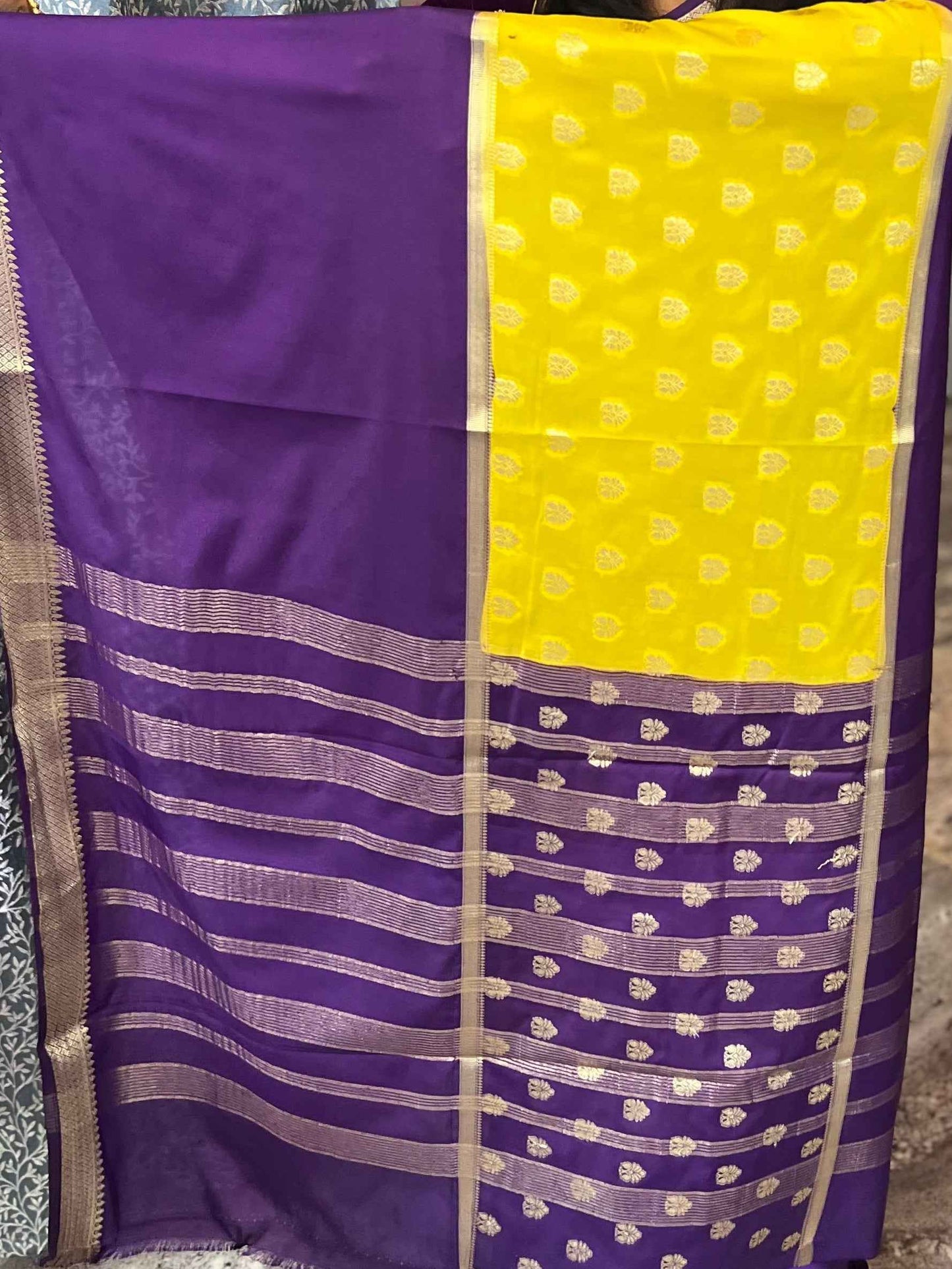 Premium Mysore Semi Crepe Elegant 2D design - Orange with Purple