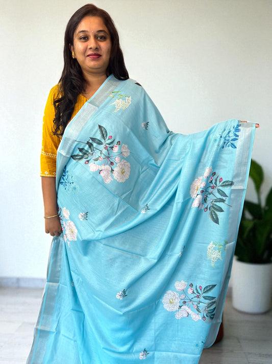 Soft Cotton Saree - Light Blue - Craft Of Aele