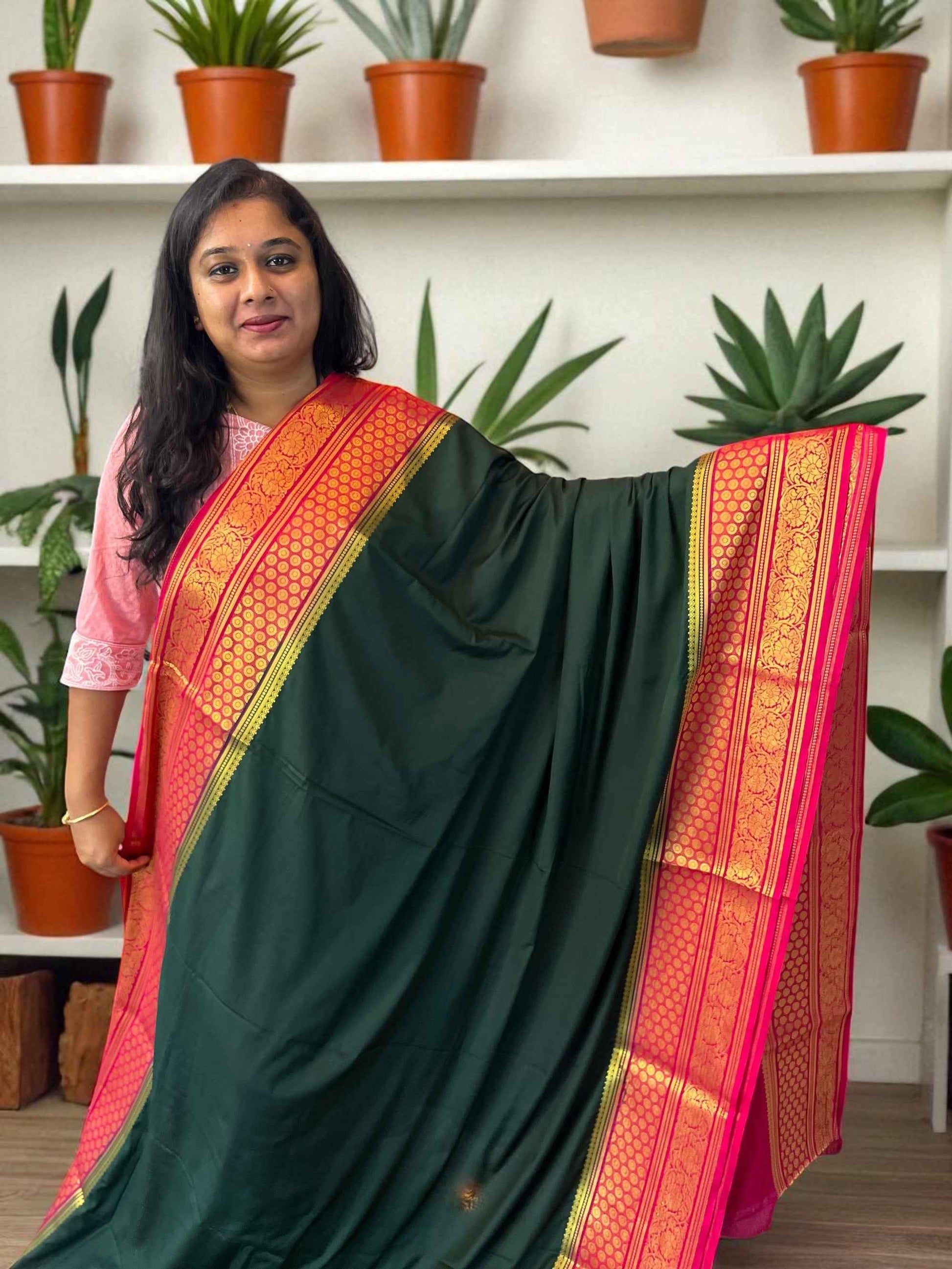 Mysore Semi Crepe Elegant border design - Bottle Green with Red (Copy)