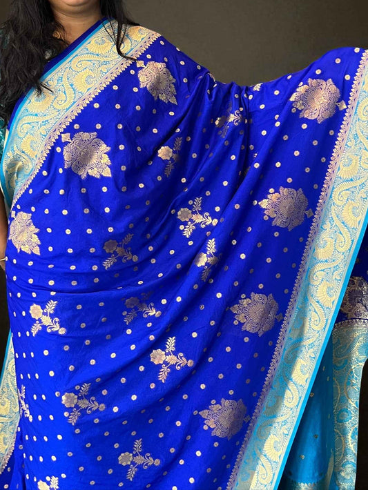 Premium Banarasi Crepe Saree - Royal Blue with Sky BLue