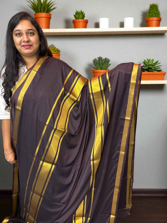 Mysore Semi Crepe Elegant 4 line border design - Brown