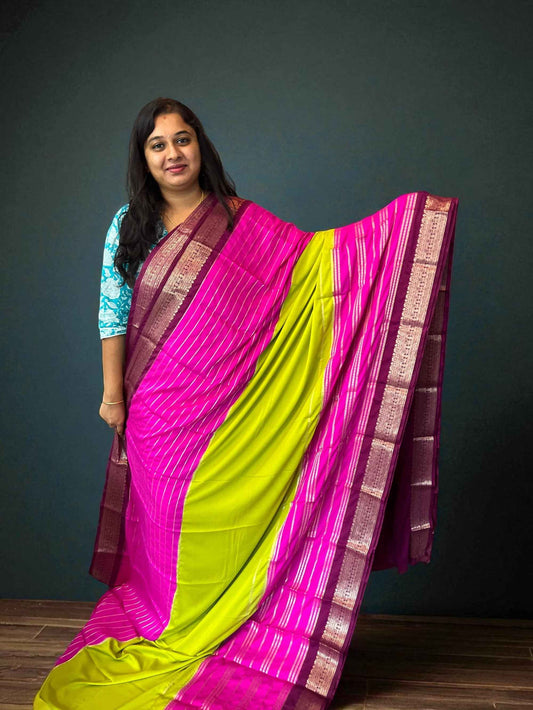 Mysore Semi Crepe 3D Elegant design - Parrot Green with Pink and Maroon (Copy)